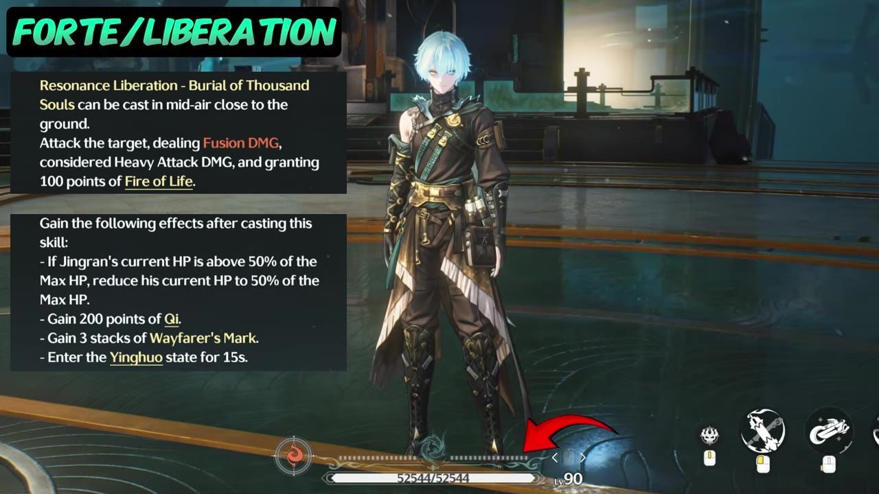 A character info screen shows the Forte / Liberation section with text describing Resonance Liberation: Burial of Thousand Souls, granting Fire of Life, reducing HP to 50% if above half, gaining Qi, and entering Yinghuo state.