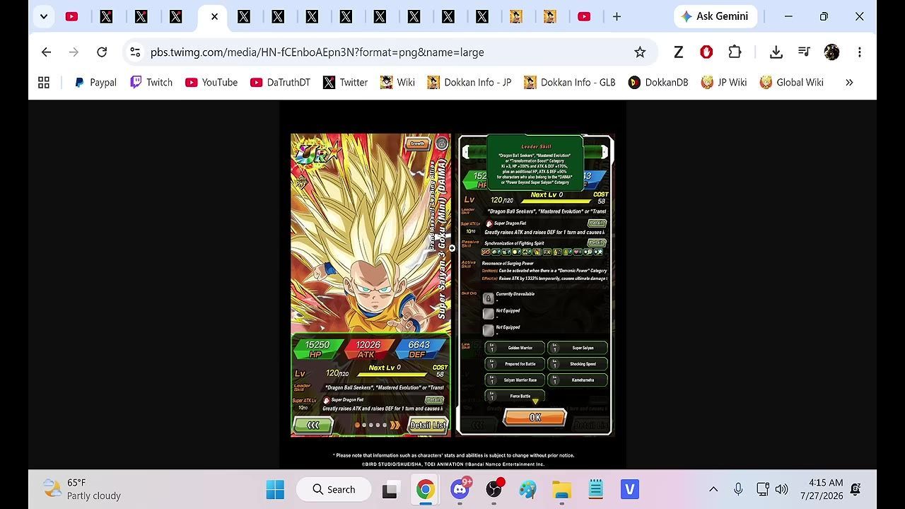 Mini SSJ3 Goku's profile screen showing stats, leader skills, and categories in a game.