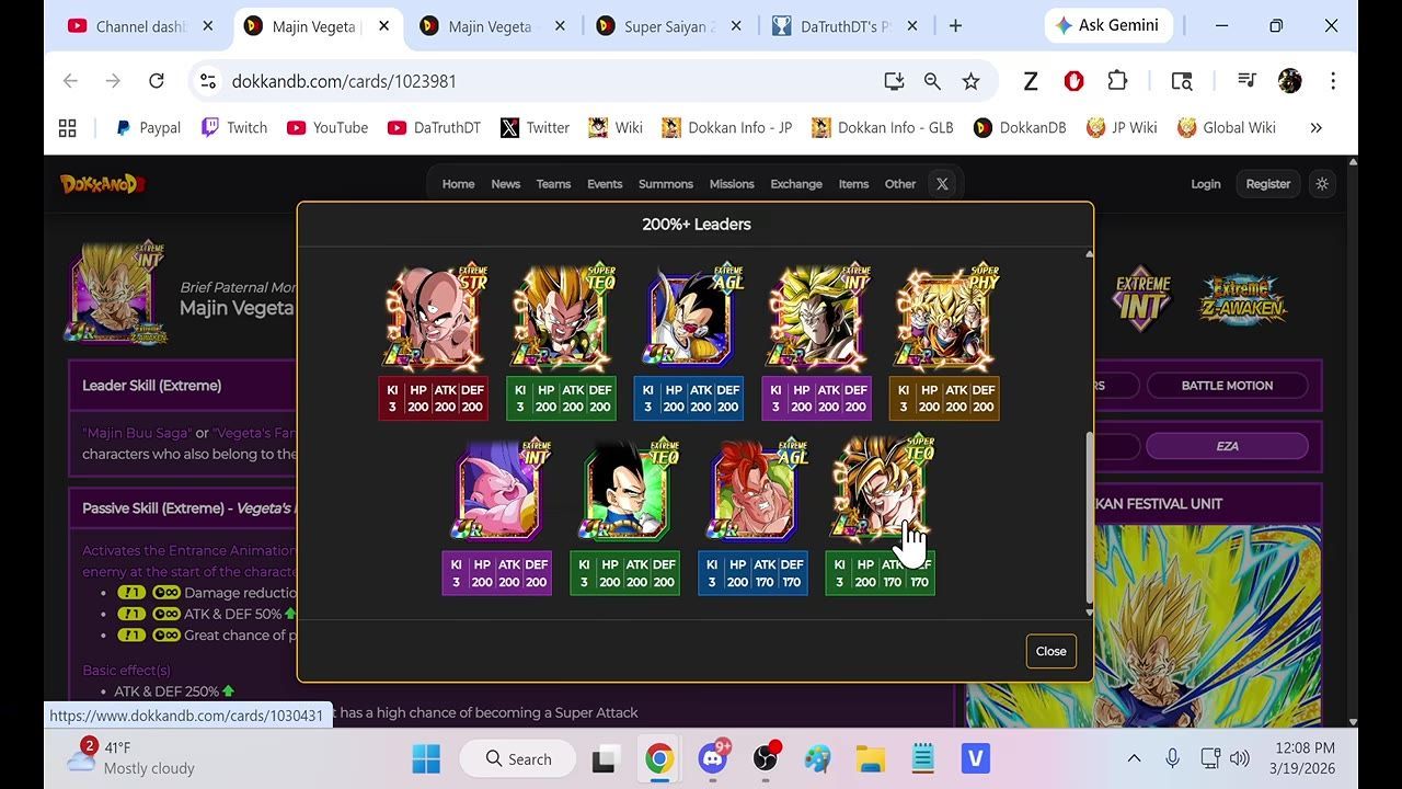 Display of Majin Vegeta card details and team leader categories in Dokkan Battle.