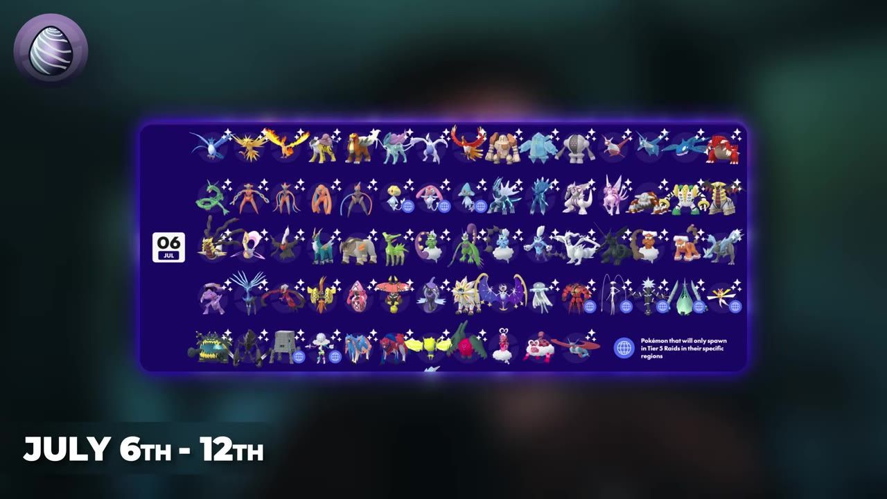 A schedule showing legendary Pokémon available in raids, with dates July 6th to July 12th.