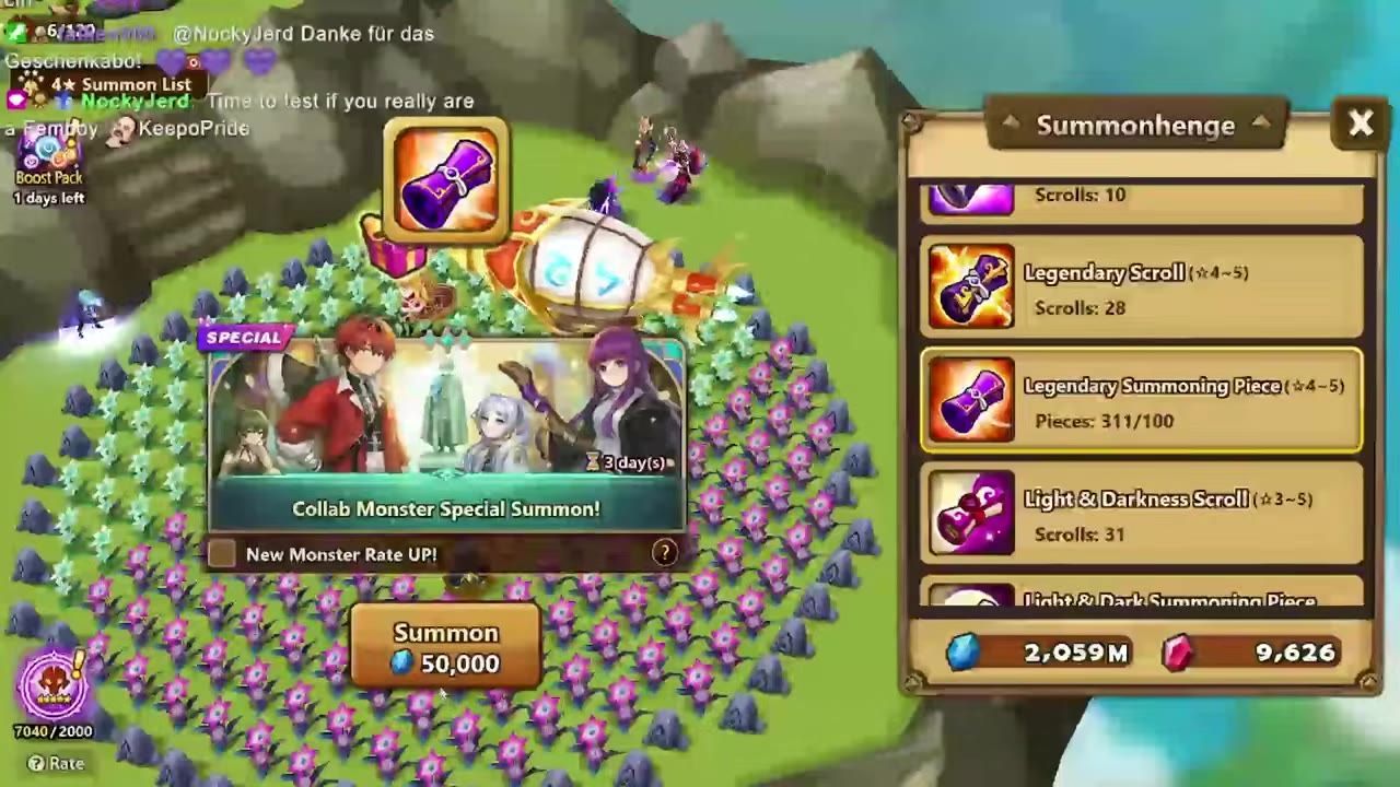 The Summonhenge summon menu is open with Legendary Scroll and other scroll options listed on the right, while a special summon panel and summon button appear on the left.