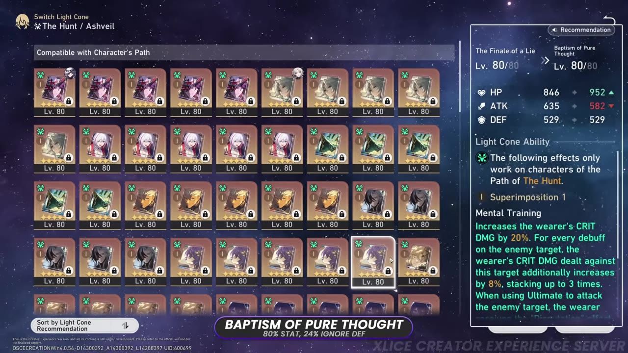 Light Cone menu showing options and attributes for Ashveil, with detailed stats for a selected Light Cone.