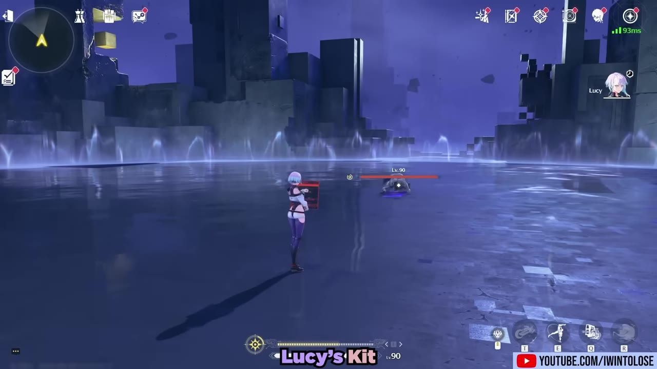 Lucy stands in combat on a reflective arena floor with the game HUD visible, including her portrait, enemy health bar, and action icons.