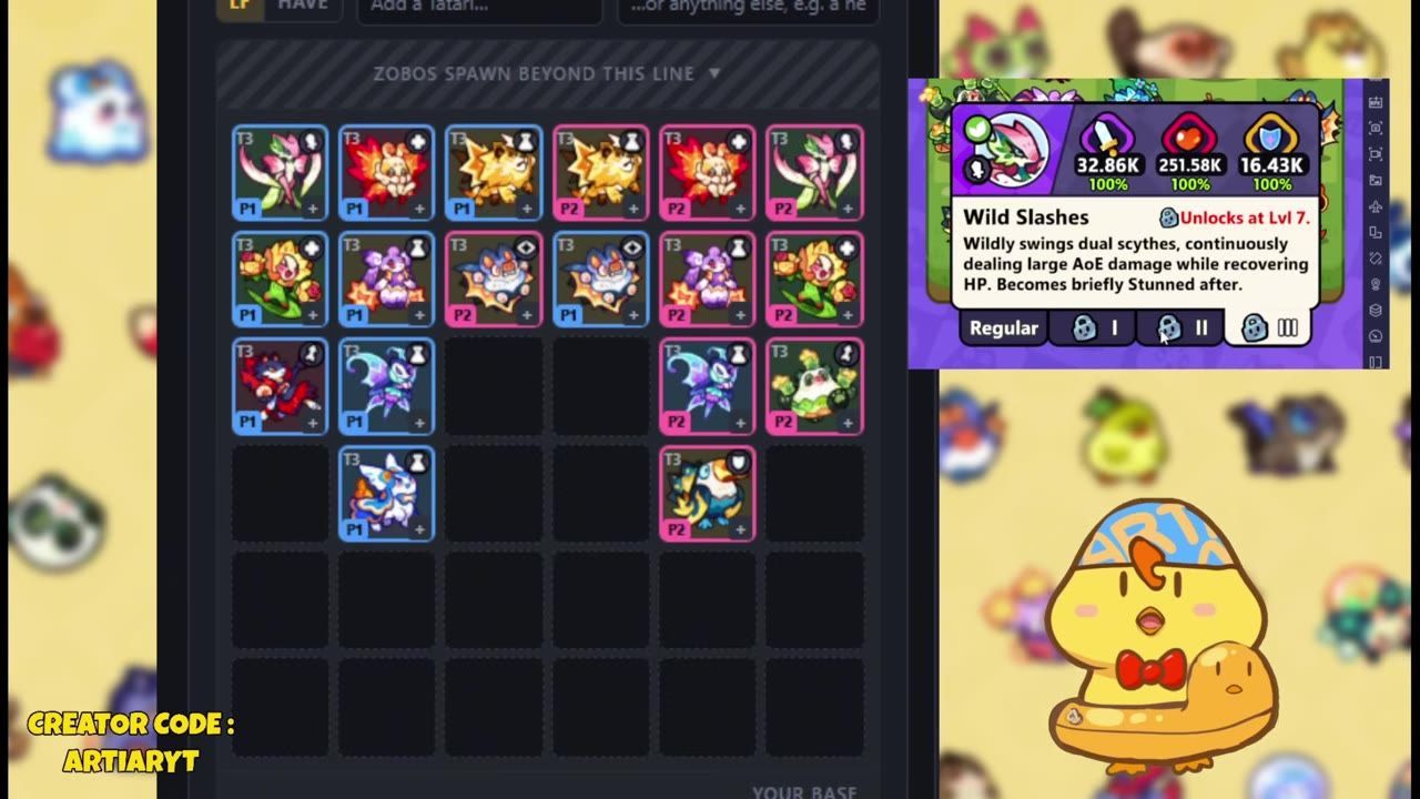 A game layout screen shows a grid of unit placements with a worm spawn line near the top and several creatures arranged in rows.