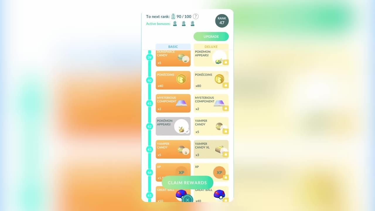 A Go Pass rewards menu showing various rewards including PokéCoins highlighted on ranks 40 and 41.