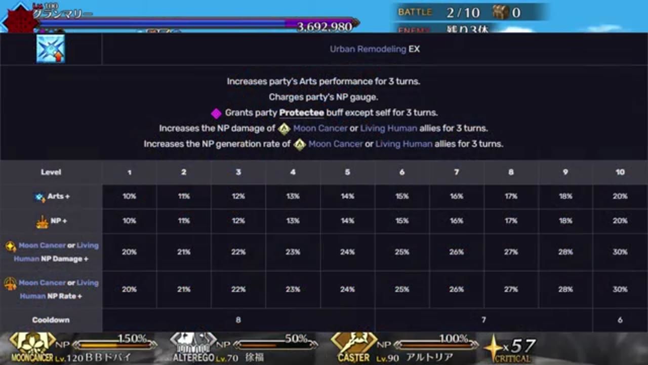 An in-battle skill information panel is open, showing the skill 'Urban Remodeling EX' with text about Moon Cancer or Living Human allies and party buffs, while battle UI and servant portraits remain visible along the bottom.