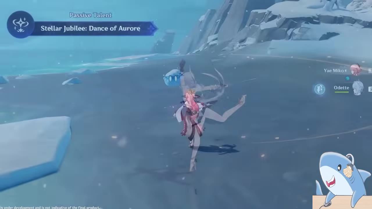 Odette character performing a skill in a frozen environment with visible Cryo-themed effects.