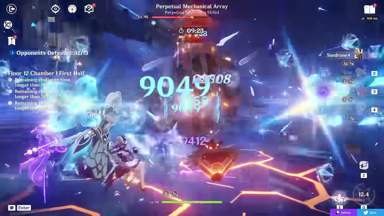 A character performs a Cryo elemental skill in a combat scenario, showcasing ice effects and damage numbers.