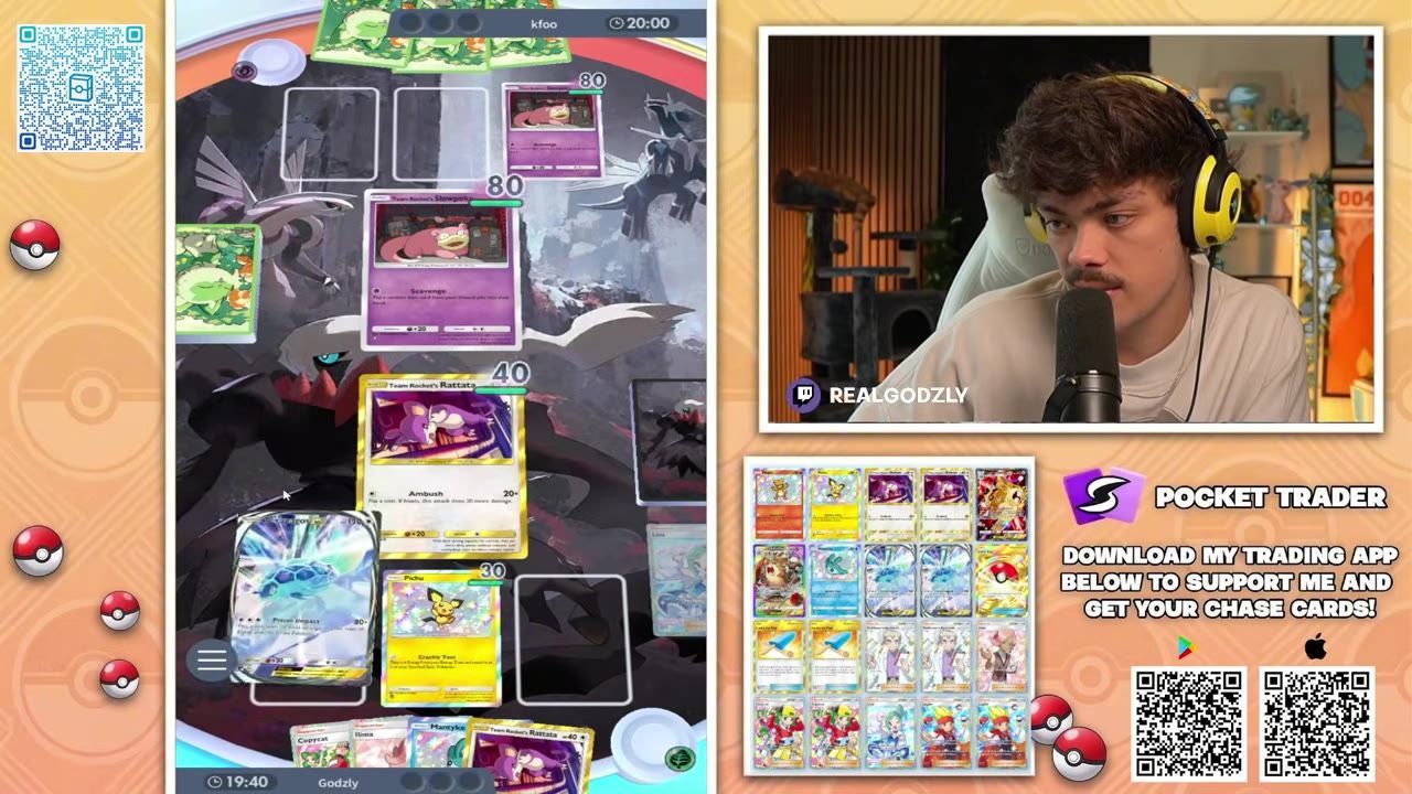 Gameplay showing a deck setup with cards on the bench, including Terapagos EX, Pichu, and Raticate, alongside other game elements.