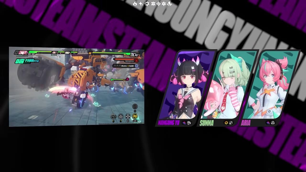 A game screen showing a team composition with Nangong Yu, Sunna, and Aria alongside a gameplay battle.