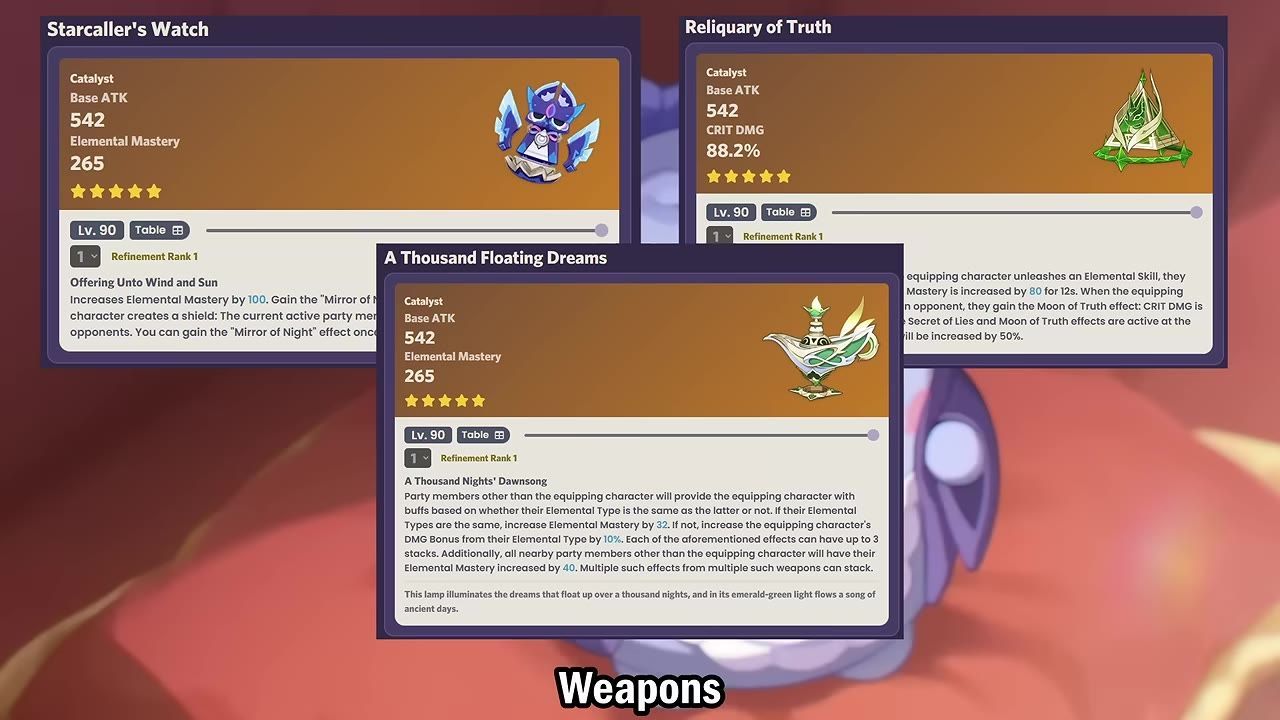 Three weapons suitable for Mizuki are shown along with their stats and descriptions.