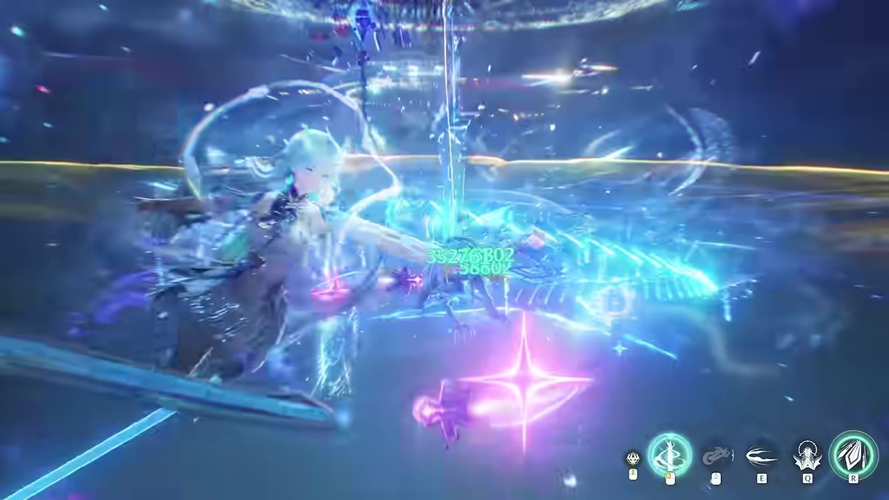 Character performing an attack with glowing visual effects, numerical damage values displayed.