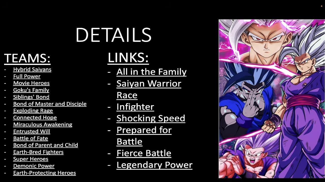 A screen showing details of teams and links along with an image of Dragon Ball characters.