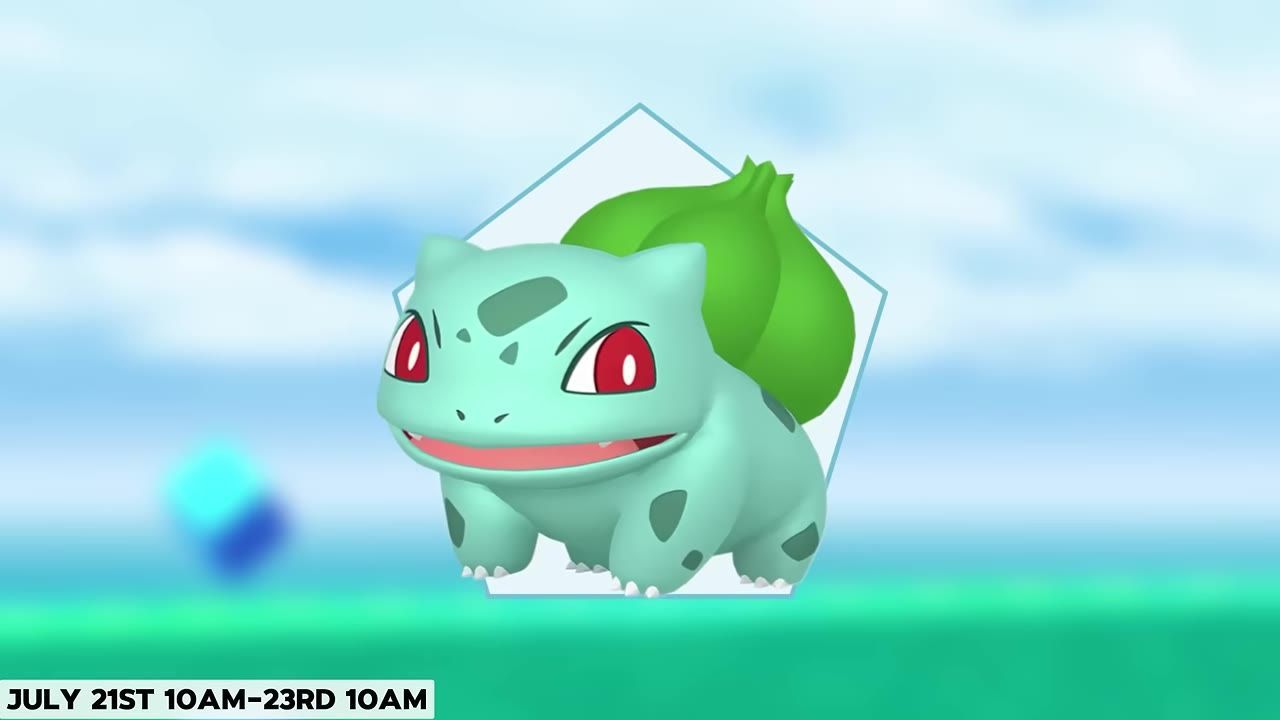 Bulbasaur, a small green Pokémon with large eyes and a plant bulb on its back.