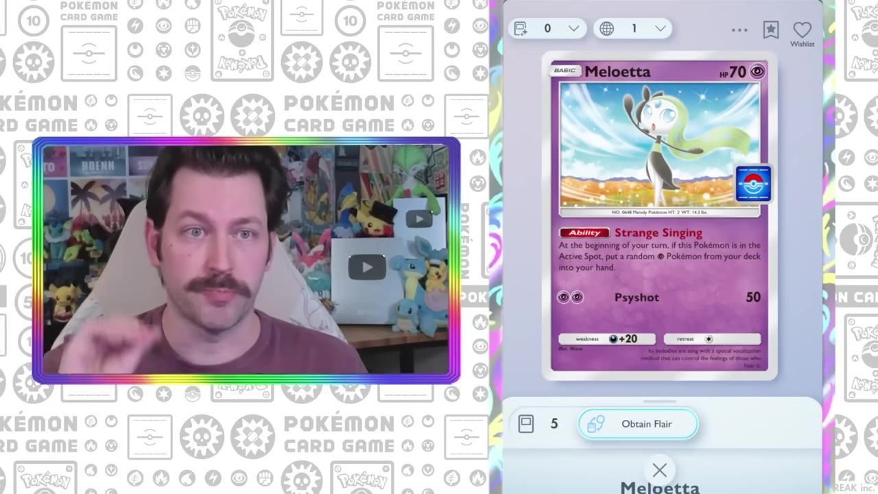 A Pokémon card showcase is open with a Meloetta card displayed prominently on the right and a face cam overlay on the left.