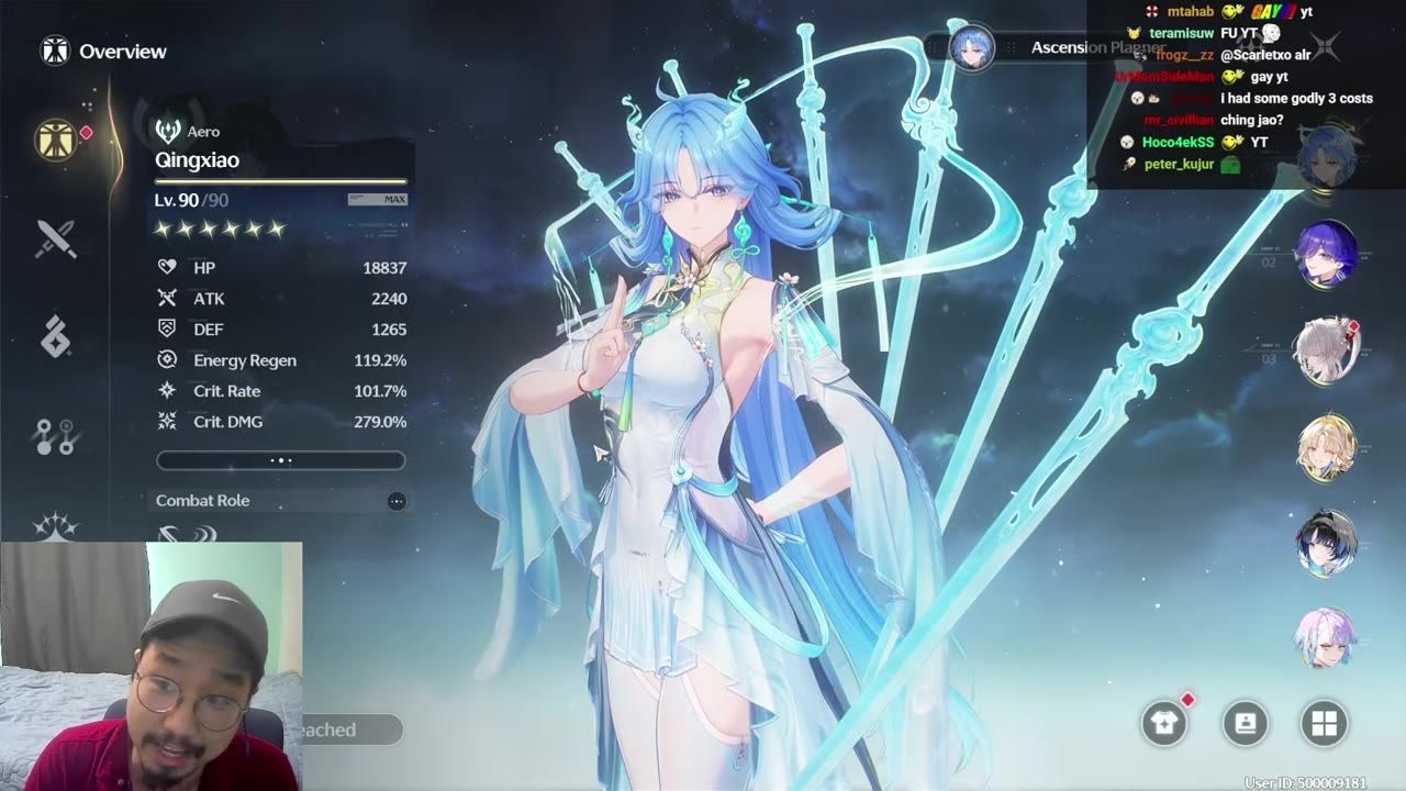 Qingxiao’s character overview panel is open, showing her stats beside a full character model, with Crit. Rate at 101.7% and Crit. DMG at 279.0%.