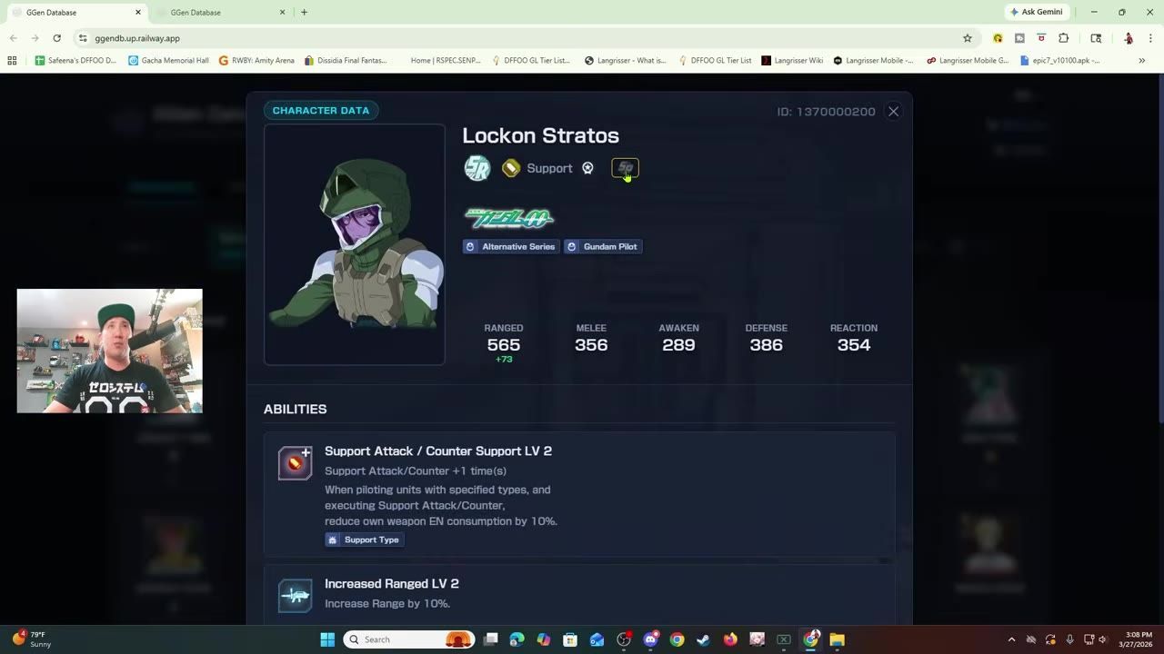 Character stats menu showing Lockon Stratos, with details on abilities and stats.