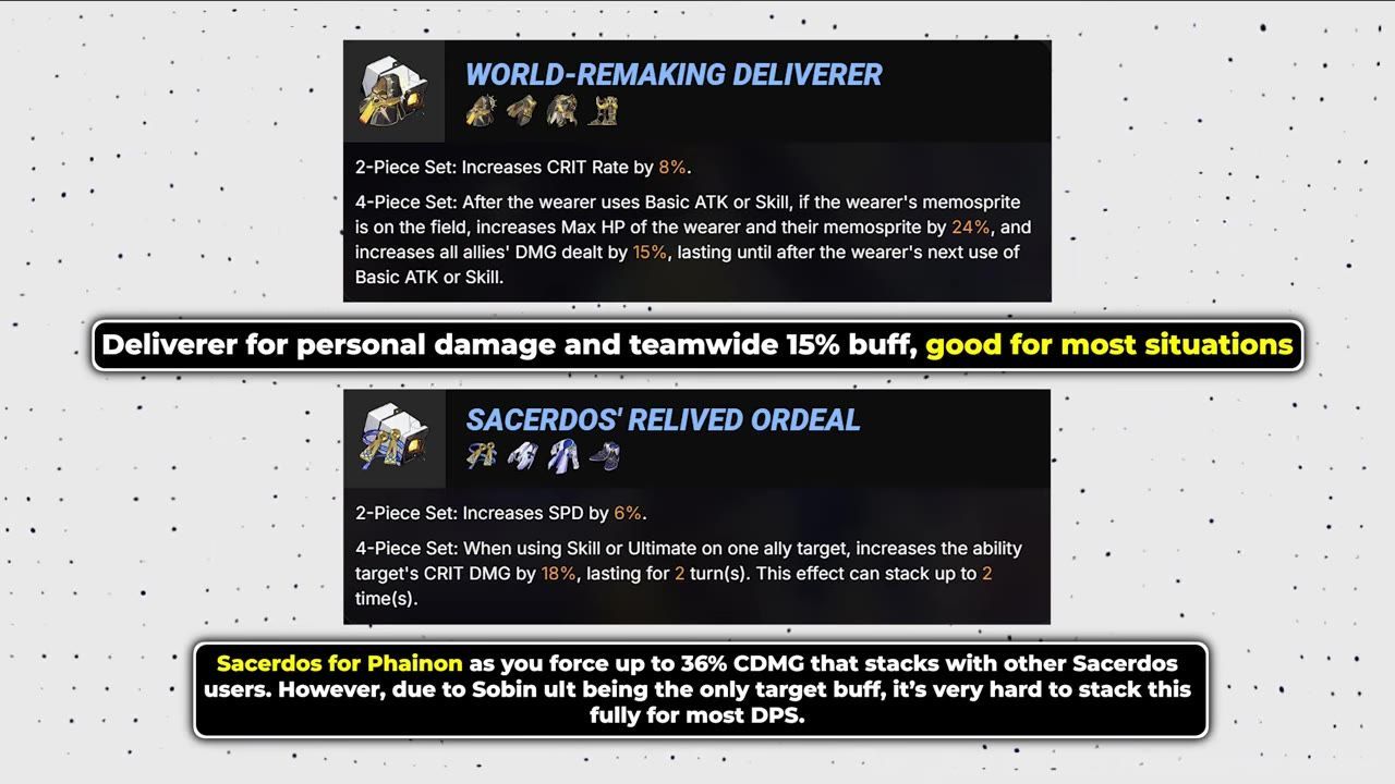 Highlighted descriptions of two relic sets: 'World-Remaking Deliverer' and 'Sacerdos' Relived Ordeal.'