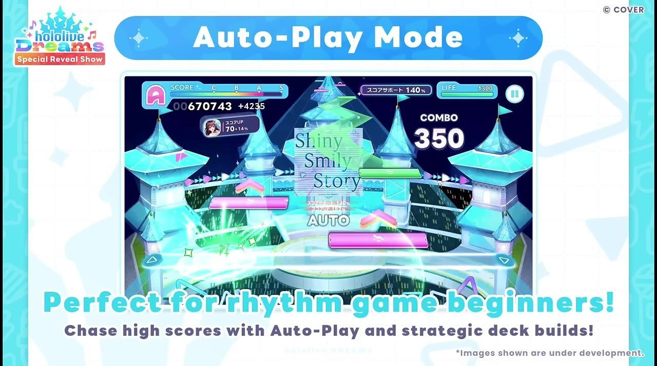 Gameplay screen showing note lanes of a rhythm game, with a song playing and labeled Auto mode.