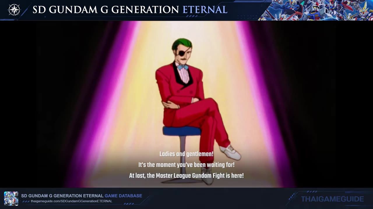 An anime-style man in a red suit sits under a spotlight while text announces the Master League Gundam Fight.