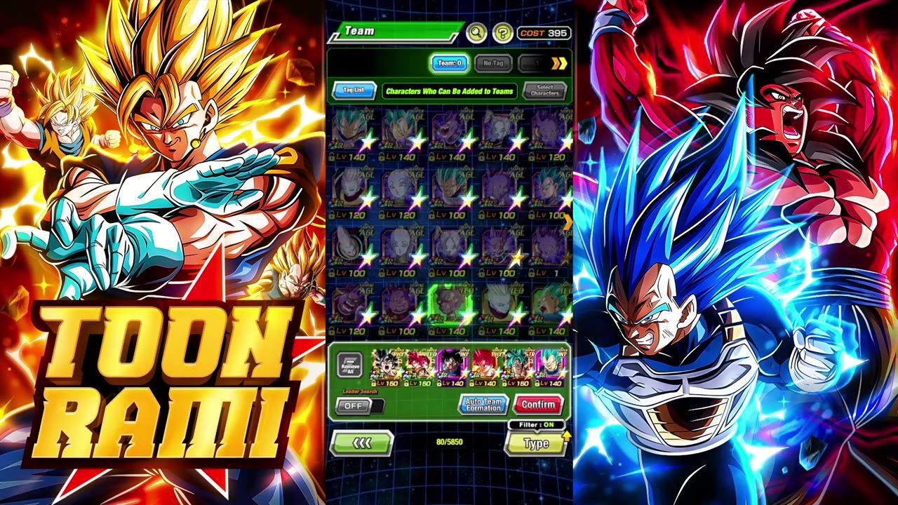Screenshot showing the team lineup screen in a Dragon Ball Z-themed game with characters chosen for their abilities.