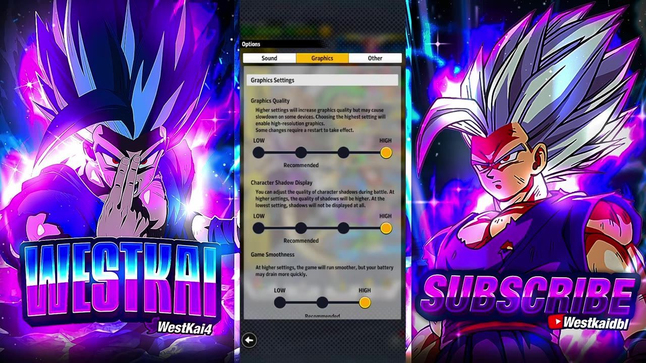 An options menu is open on the Graphics page with graphics settings sliders for quality, character shadow display, and game smoothness.