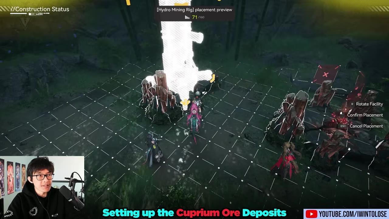 A placement preview of a Hydro Mining Rig near mineral deposits on a grid.