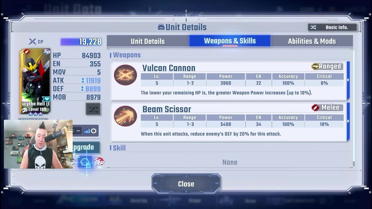 The Unit Details screen shows Deathscythe Hell with the Weapons & Skills tab open and Beam Scissor listed under weapons.