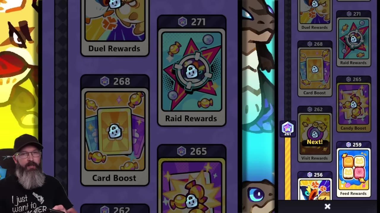A chapter progression screen shows multiple stage cards with numbered chapters and reward tiles like Raid Rewards, Card Boost, Visit Rewards, and Feed Rewards.