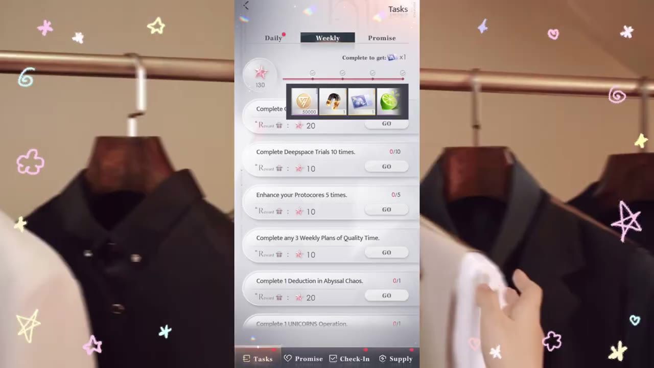 A game tasks menu is open on the Weekly tab with multiple mission entries, reward icons, and GO buttons visible.