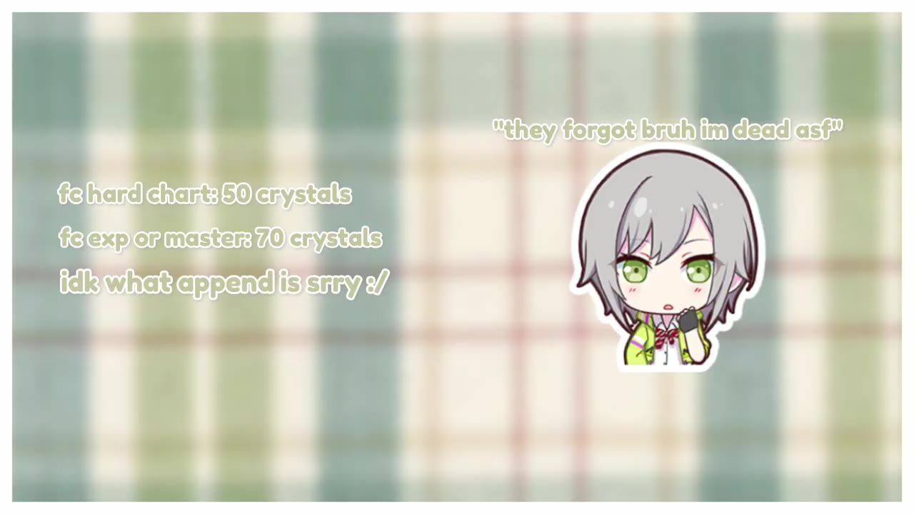 A pastel background with large text listing full combo crystal rewards and a small chibi character on the right.
