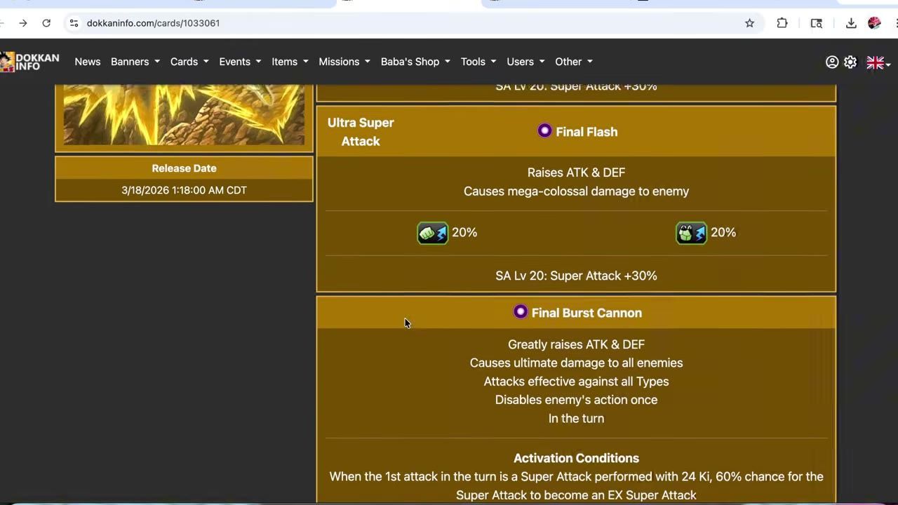 A Dokkan Info card details page shows Vegeta's attack sections and activation conditions in a gold panel.