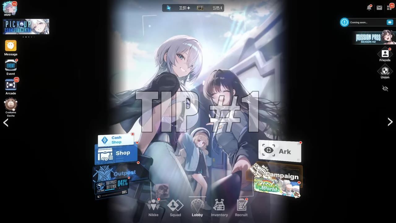 A game home screen shows menu tiles for Shop, Outpost, Ark, and Campaign around an illustrated background, with navigation icons along the bottom and currency at the top.
