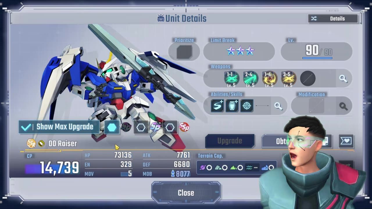 A Unit Details screen shows the 00 Raiser mobile suit model with stats, weapon icons, and upgrade buttons.