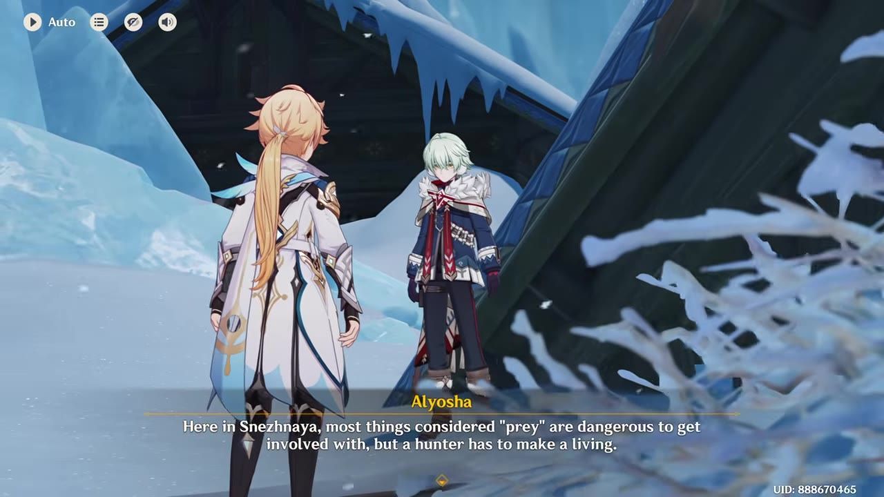A character interacts with Aloas, who is speaking and providing dialogue on the screen.