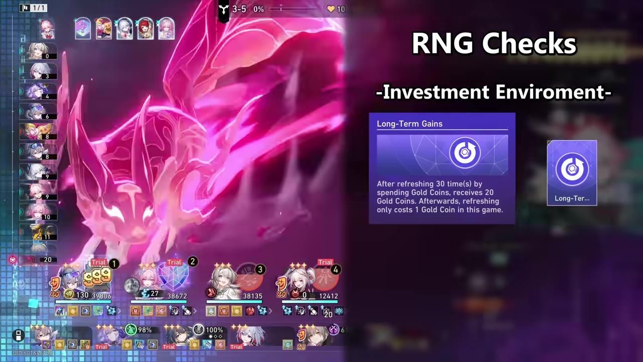 On-screen view of a game featuring a purple creature and investment upgrade details for 'Long-Term Gains'.