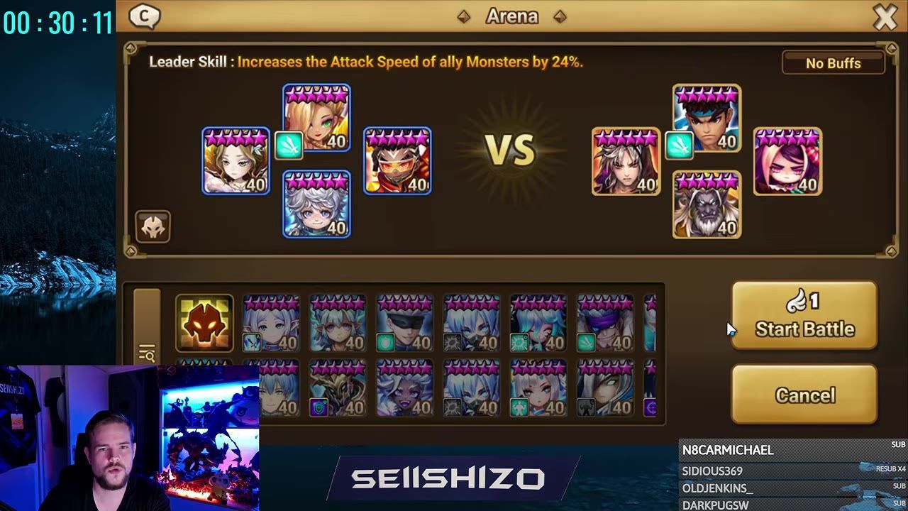 A game screen showing an arena battle setup with team selections and start battle button.