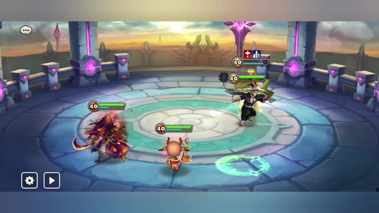 Turn-based fantasy combat scene showing multiple characters in an arena, including Daphnis.