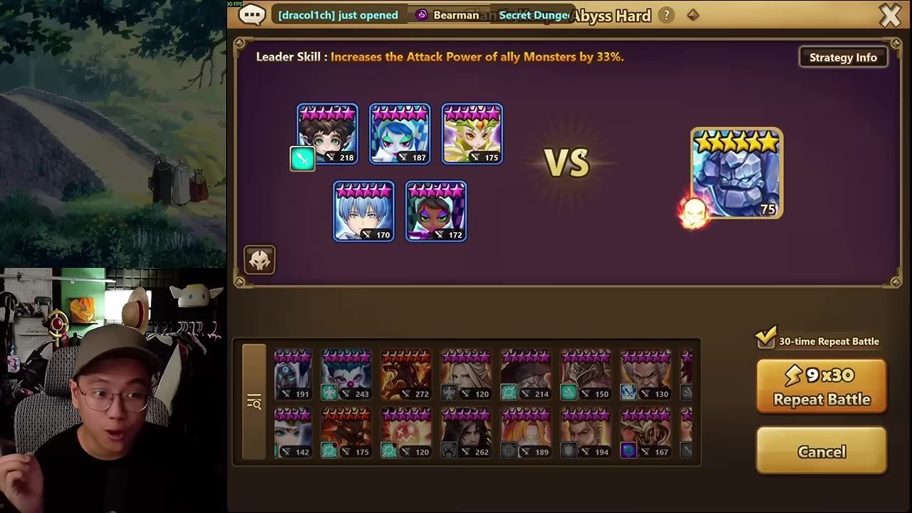 Game interface showing team composition with monsters' stats and an enemy to fight.