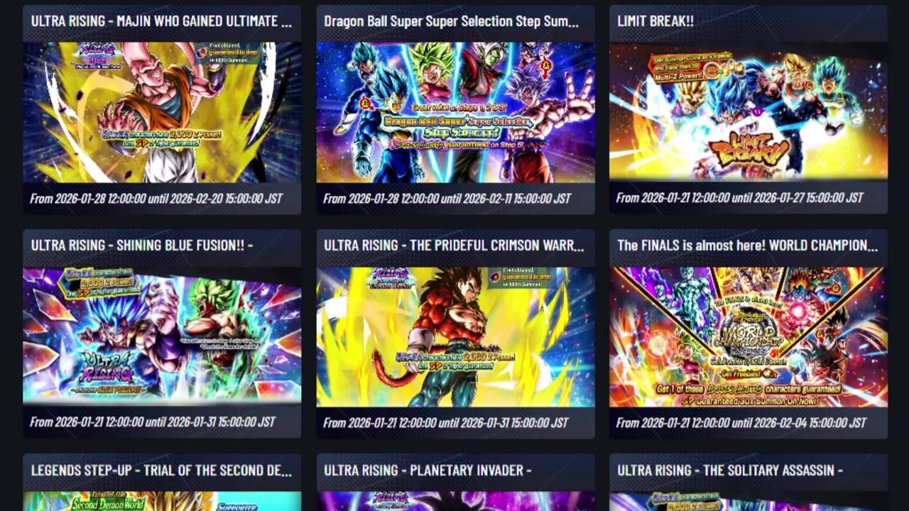 A game screen displaying multiple character summon banners for selection.