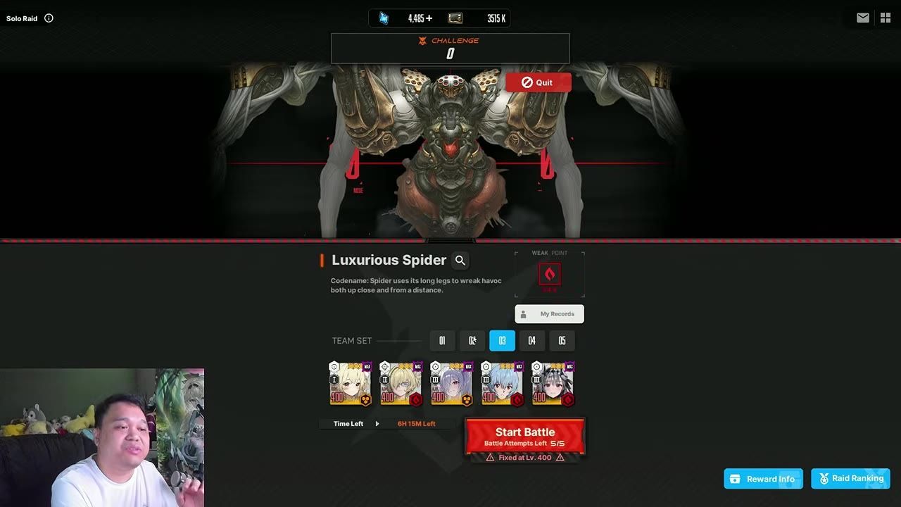 A raid boss selection screen for Luxurious Spider is shown with team slots and a red Start Battle button, while a speaker appears in a webcam overlay at the bottom left.