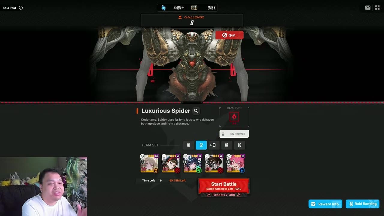 A game menu showing a raid screen with a team-building section and character set displayed.