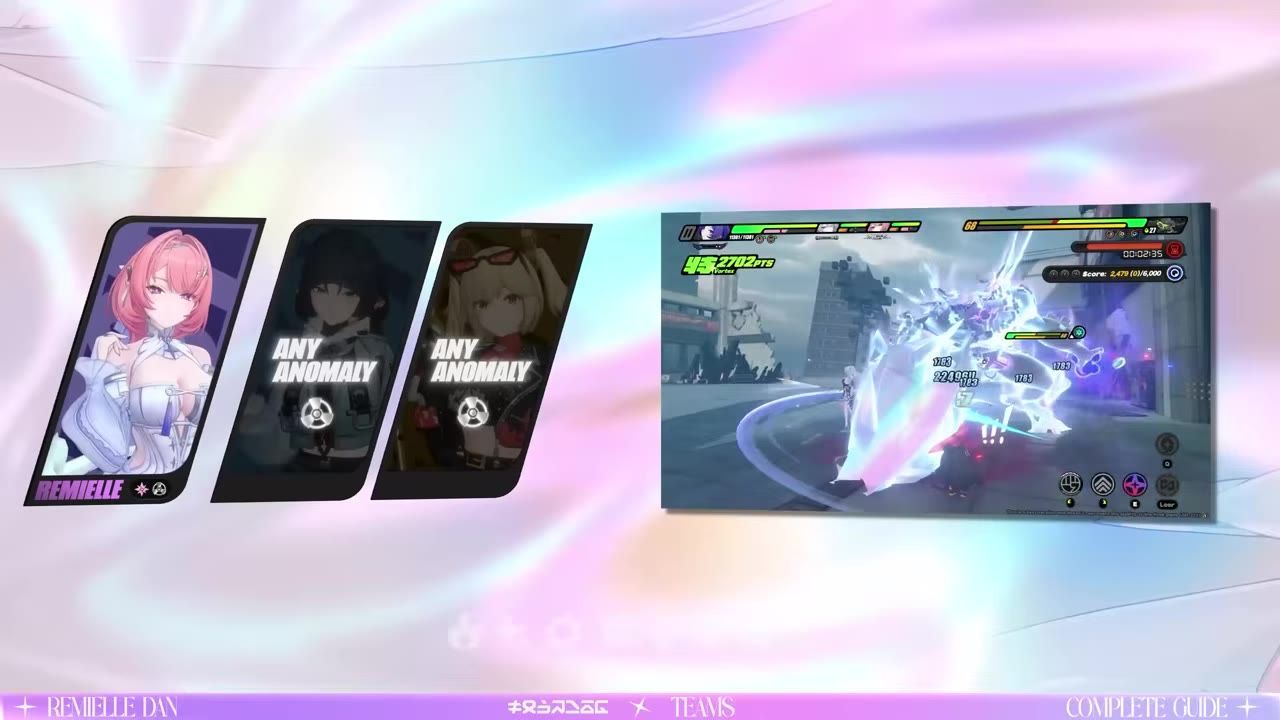 Team composition featuring Remielle Dan and companions and gameplay demonstration.