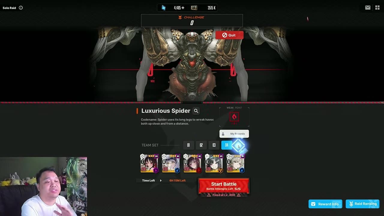 Game interface showing the Luxurious Spider Raid details and selected team setup.