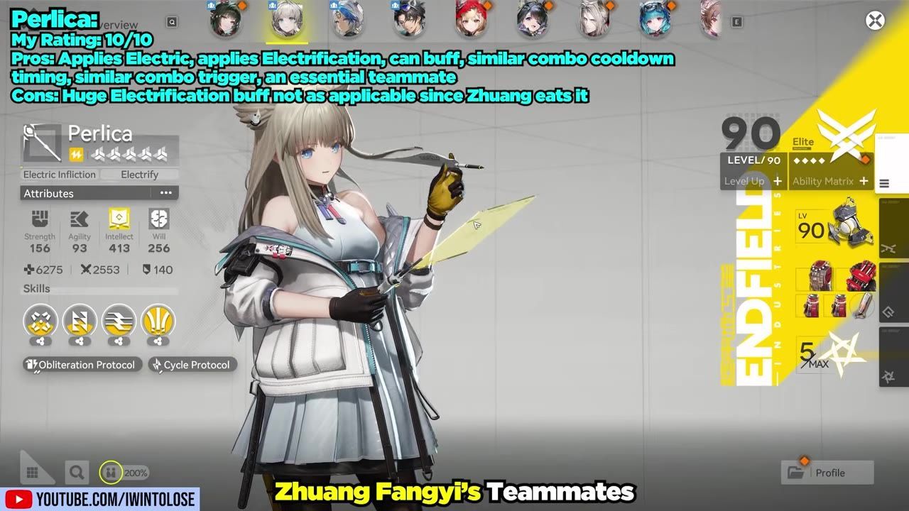 Detailed view on the character Perlica with gameplay stats and abilities visible.