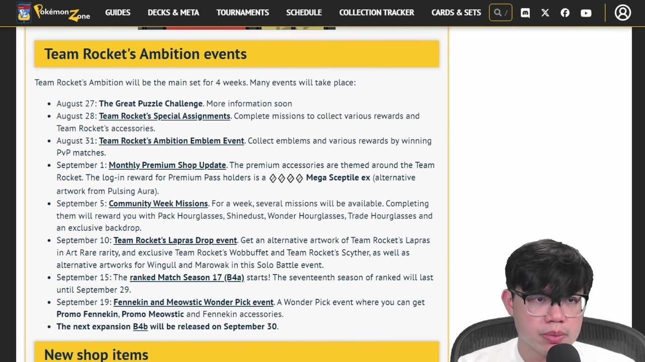 A webpage section titled Team Rocket's Ambition events shows a bulleted list of upcoming event dates, with a webcam overlay of a person in the lower right.