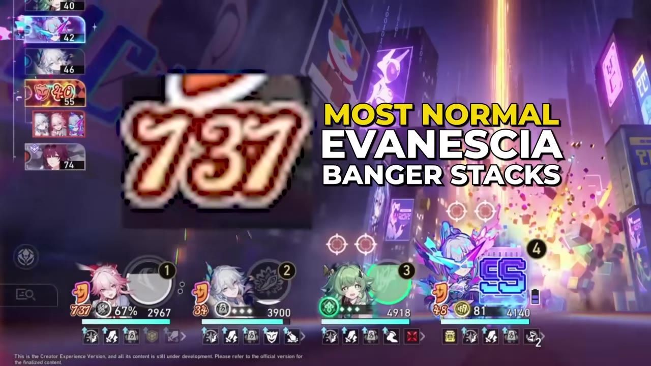 Gameplay interface showing Evanescia's Banger resource meter and character stats.