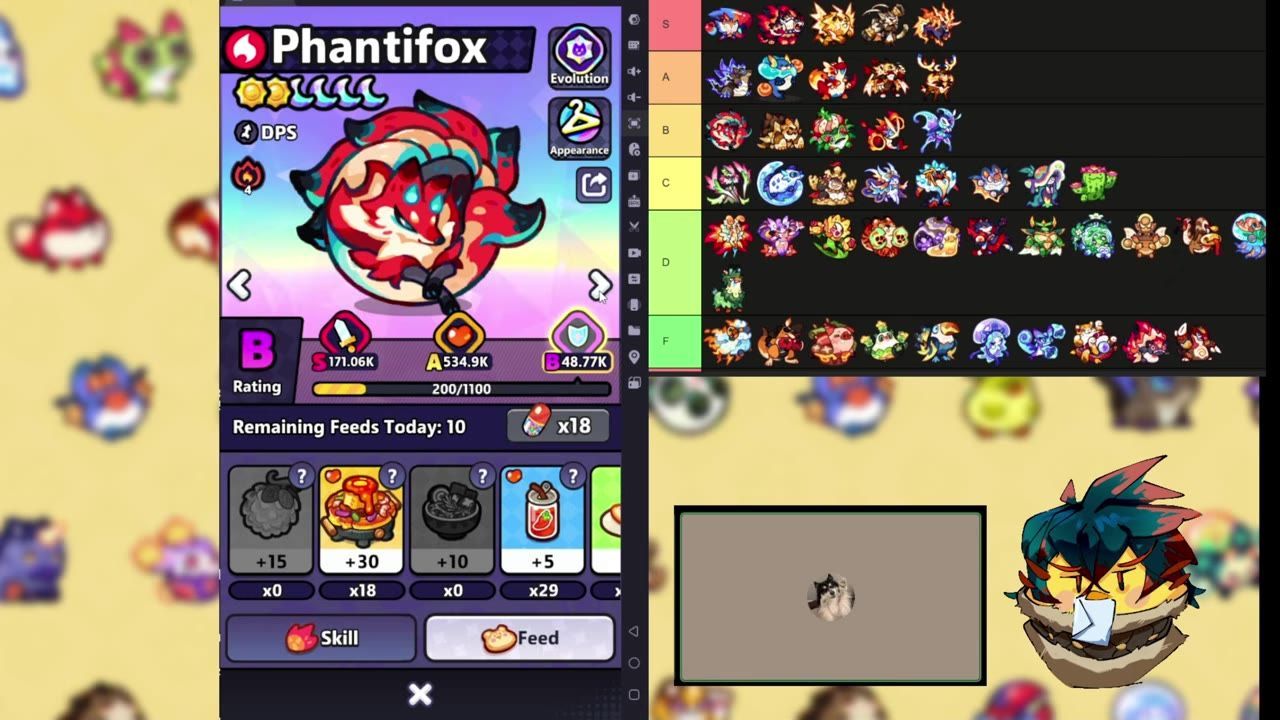 A fictional game screen showing feeding options for a Phantifox with star levels and feeding items.