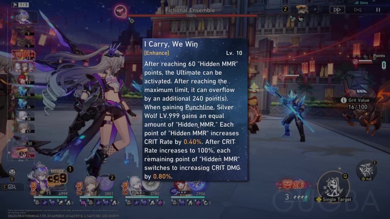 Silver Wolf character on screen with her talent description titled 'I Carry, We Win', mentioning 'Hidden MMR' and its effects.