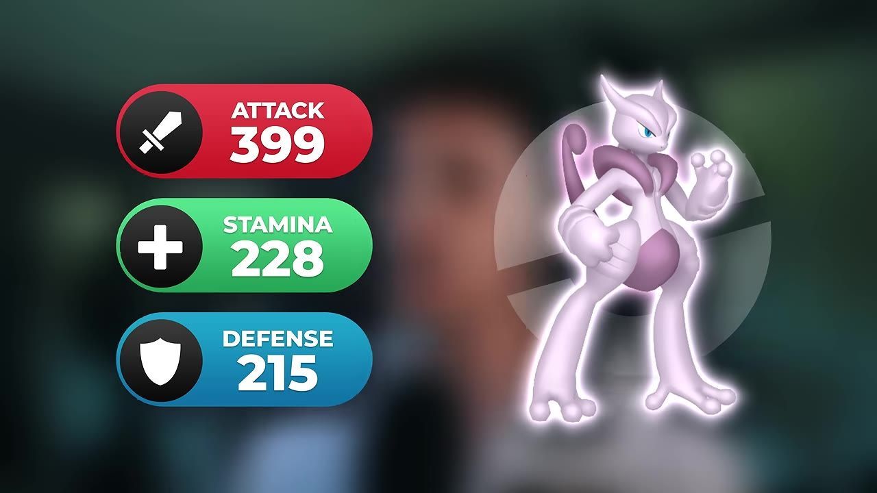 Screen showing Mega Mewtwo X with Attack (399), Stamina (228), and Defense (215).